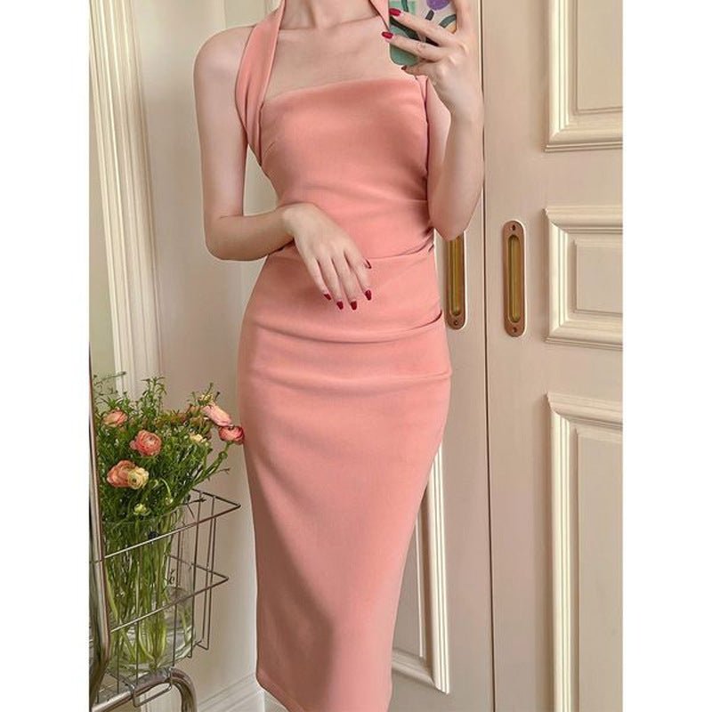 Women's French-style Three-color Halter Off-the-shoulder Pure Desire Dress $32.70 Dana Fashion Color: Pink Size: L Women's clothing Product information: Pattern: solid color Skirt-type: hip skirt Color: lw#520 black, lw#520 pink, lw#520 apricot Waist type