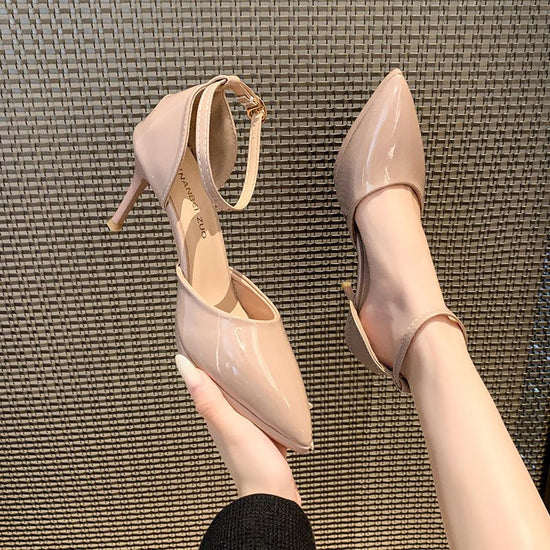 Women's High-heeled Sandals With Buckle Strap $45.50 Dana Fashion Color Size: Apricot 11cm Size: 35 Women's shoes Product information: Toe bracket shape: Tip Color: Black Pu 8cm, black flannel 8cm, Black Pu 11cm, black flannel 11cm, white 8cm, white 11cm,