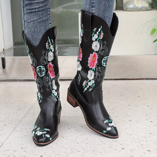 Women's High Mid Heel Sleeve Square Toe Boots $59.50 Dana Fashion Color: Black Size: 35 Women's shoes Product information: Pattern: Flowers Lining material: imitation leather Color: black, yellow, dark brown Heel height: mid heel (3-5CM) Sock length: mid-