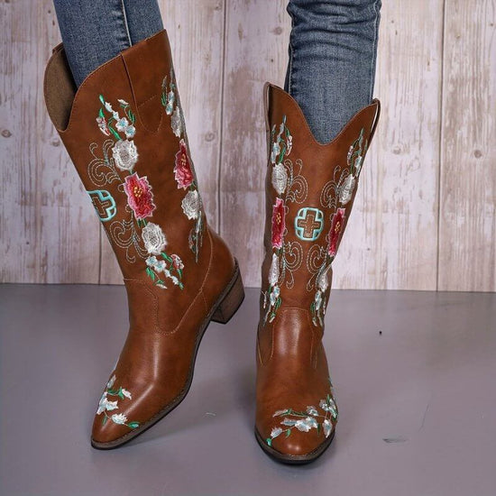 Women's High Mid Heel Sleeve Square Toe Boots $59.50 Dana Fashion Color: Black Size: 35 Women's shoes Product information: Pattern: Flowers Lining material: imitation leather Color: black, yellow, dark brown Heel height: mid heel (3-5CM) Sock length: mid-