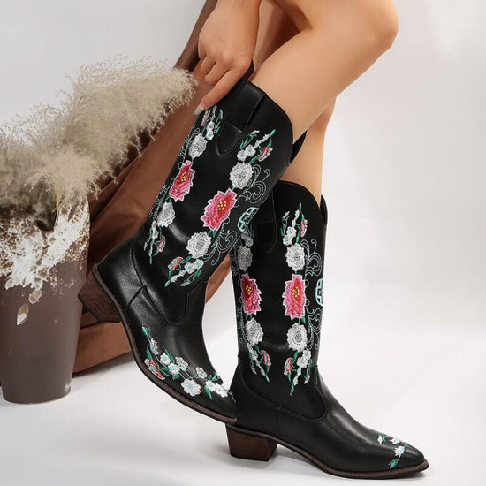 Women's High Mid Heel Sleeve Square Toe Boots $59.50 Dana Fashion Color: Black Size: 35 Women's shoes Product information: Pattern: Flowers Lining material: imitation leather Color: black, yellow, dark brown Heel height: mid heel (3-5CM) Sock length: mid-