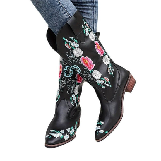 Women's High Mid Heel Sleeve Square Toe Boots $59.50 Dana Fashion Color: Black Size: 35 Women's shoes Product information: Pattern: Flowers Lining material: imitation leather Color: black, yellow, dark brown Heel height: mid heel (3-5CM) Sock length: mid-