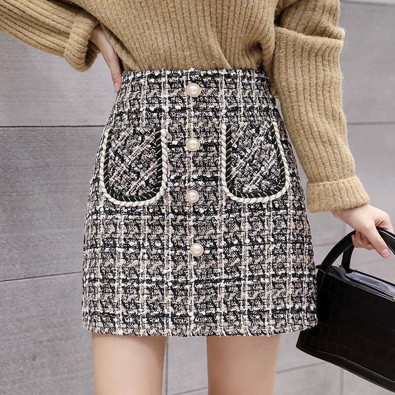 Women's High Waist Slimming Plaid Skirt $40.50 Dana Fashion Color: Classic Apricot Grid Size: L Women's clothing Product information: Pattern: see details Fabric name: Polyester Skirt-type: A- line skirt Color: Black, creamy-white, classic black plaids, c