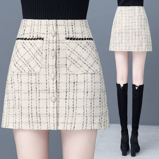 Women's High Waist Slimming Plaid Skirt $40.50 Dana Fashion Color: Beige Size: L Women's clothing Product information: Pattern: see details Fabric name: Polyester Skirt-type: A- line skirt Color: Black, creamy-white, classic black plaids, classic apricot