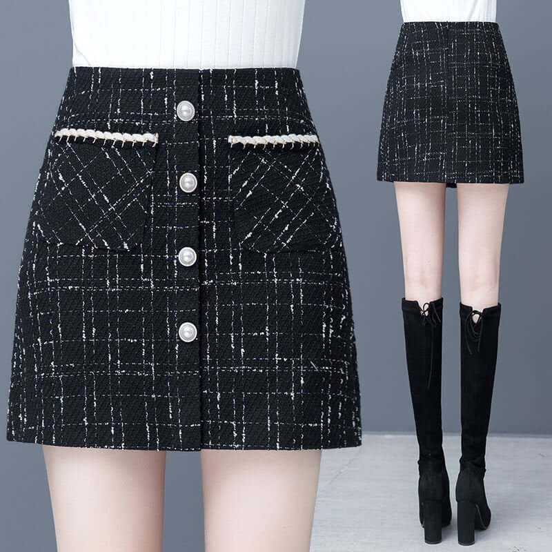 Women's High Waist Slimming Plaid Skirt $40.50 Dana Fashion Color: Black Size: L Women's clothing Product information: Pattern: see details Fabric name: Polyester Skirt-type: A- line skirt Color: Black, creamy-white, classic black plaids, classic apricot
