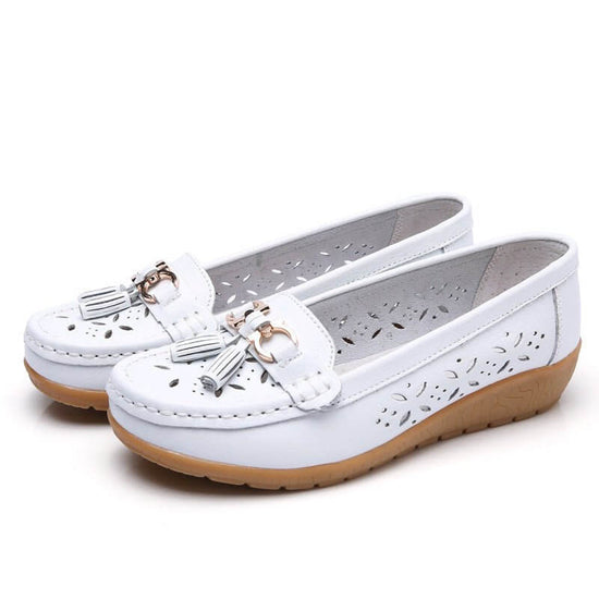Women's Hollow Leather Shoes Soft Bottom Wedge Hole $34.90 Dana Fashion Color: White Hollow Out Size: 35 Women's shoes Product information: Color: white hollow-out, black cutout, dark blue hollow, light blue hollow, orange hollow, wine red hollow, Red Hol
