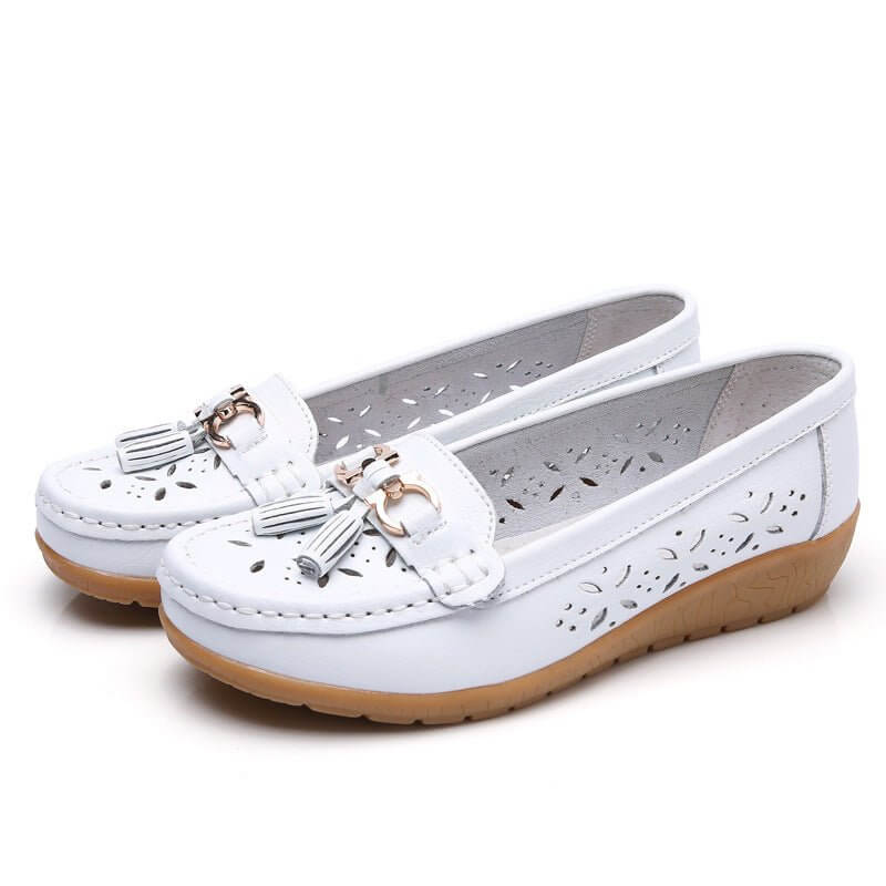 Women's Hollow Leather Shoes Soft Bottom Wedge Hole $34.90 Dana Fashion Color: White Hollow Out Size: 35 Women's shoes Product information: Color: white hollow-out, black cutout, dark blue hollow, light blue hollow, orange hollow, wine red hollow, Red Hol