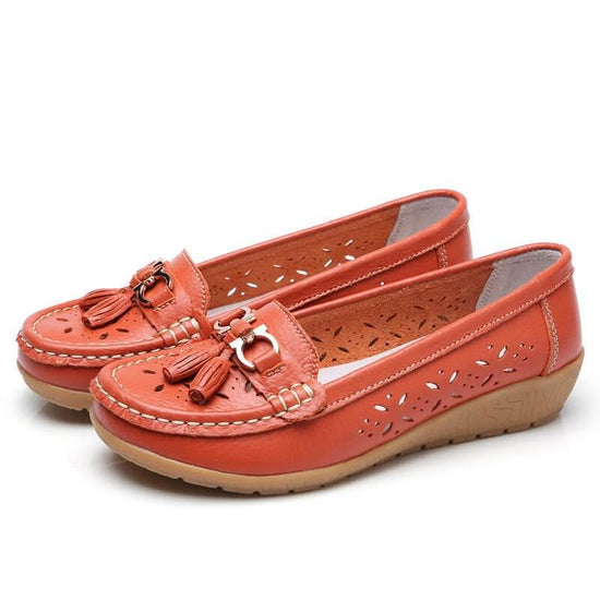 Women's Hollow Leather Shoes Soft Bottom Wedge Hole $34.90 Dana Fashion Color: Orange Hollow Size: 35 Women's shoes Product information: Color: white hollow-out, black cutout, dark blue hollow, light blue hollow, orange hollow, wine red hollow, Red Hollow