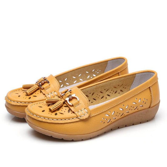 Women's Hollow Leather Shoes Soft Bottom Wedge Hole $34.90 Dana Fashion Color: Yellow Hollow Out Size: 35 Women's shoes Product information: Color: white hollow-out, black cutout, dark blue hollow, light blue hollow, orange hollow, wine red hollow, Red Ho
