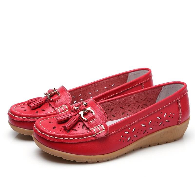 Women's Hollow Leather Shoes Soft Bottom Wedge Hole $34.90 Dana Fashion Color: Red Hollow Out Size: 35 Women's shoes Product information: Color: white hollow-out, black cutout, dark blue hollow, light blue hollow, orange hollow, wine red hollow, Red Hollo