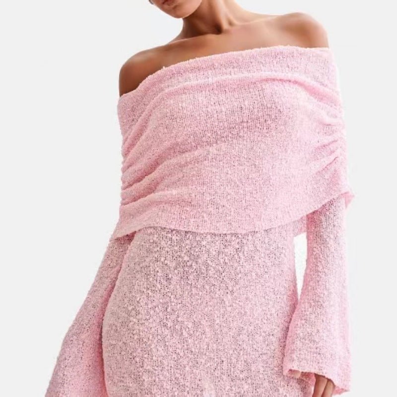 Women's Hollow-out Long-sleeved Off-shoulder Dress Short Skirt $45.50 Dana Fashion Color: Pink Size: L Women's clothing Product information: Color: pink, white, blue, black, red Waist Type: Mid waist Size: S,M,L Skirt length: short skirt Fabric name: Poly