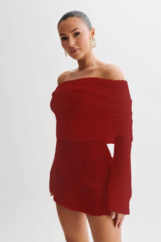 Women's Hollow-out Long-sleeved Off-shoulder Dress Short Skirt $45.50 Dana Fashion Color: Red Size: L Women's clothing Product information: Color: pink, white, blue, black, red Waist Type: Mid waist Size: S,M,L Skirt length: short skirt Fabric name: Polye