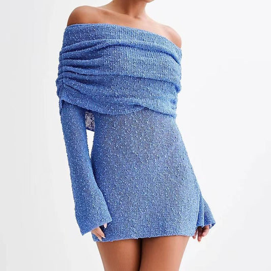 Women's Hollow-out Long-sleeved Off-shoulder Dress Short Skirt $45.50 Dana Fashion Color: Black Size: L Women's clothing Product information: Color: pink, white, blue, black, red Waist Type: Mid waist Size: S,M,L Skirt length: short skirt Fabric name: Pol