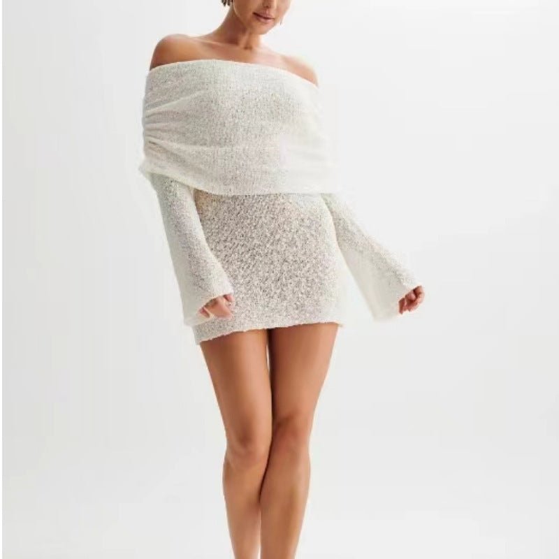 Women's Hollow-out Long-sleeved Off-shoulder Dress Short Skirt $45.50 Dana Fashion Color: White Size: L Women's clothing Product information: Color: pink, white, blue, black, red Waist Type: Mid waist Size: S,M,L Skirt length: short skirt Fabric name: Pol