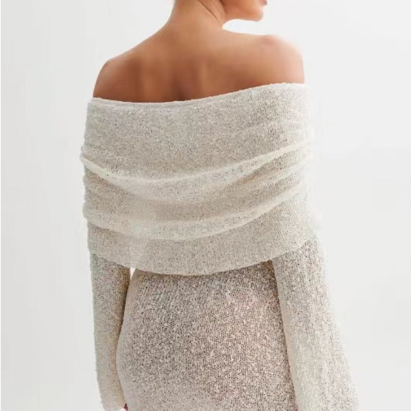 Women's Hollow-out Long-sleeved Off-shoulder Dress Short Skirt $45.50 Dana Fashion Color: Black Size: L Women's clothing Product information: Color: pink, white, blue, black, red Waist Type: Mid waist Size: S,M,L Skirt length: short skirt Fabric name: Pol