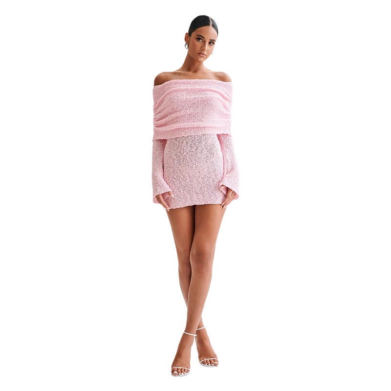 Women's Hollow-out Long-sleeved Off-shoulder Dress Short Skirt $45.50 Dana Fashion Color: Black Size: L Women's clothing Product information: Color: pink, white, blue, black, red Waist Type: Mid waist Size: S,M,L Skirt length: short skirt Fabric name: Pol