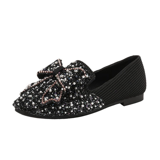 Women's Korean-style Bow Pearl Flat Shoes $69.90 Dana Fashion Color: Black Size: 33 Women's shoes Product information: Pattern: solid color Lining material: Microfiber Color: black, pink, gold Upper height: low top Heel height: flat heel Heel shape: flat