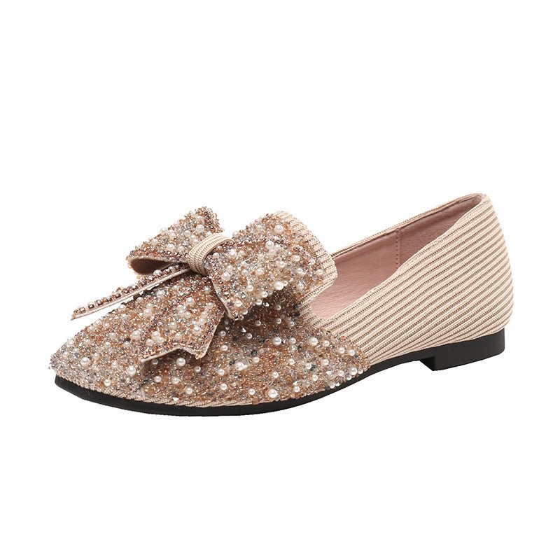 Women's Korean-style Bow Pearl Flat Shoes $69.90 Dana Fashion Color: Black Size: 33 Women's shoes Product information: Pattern: solid color Lining material: Microfiber Color: black, pink, gold Upper height: low top Heel height: flat heel Heel shape: flat