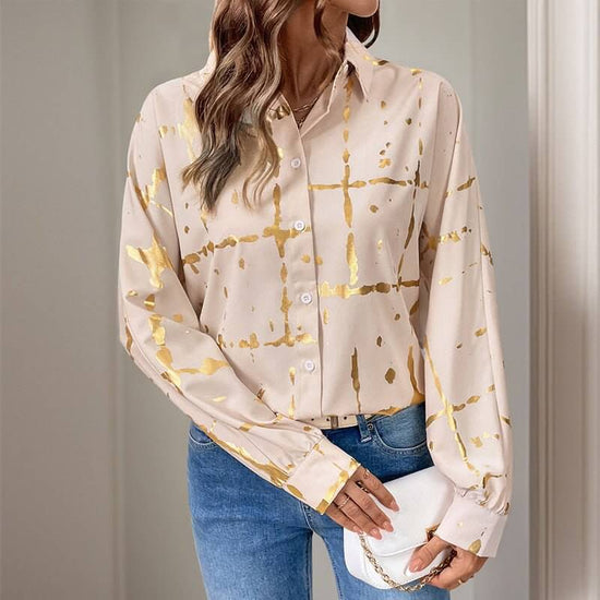 Women's Long-sleeved Lapel Geometric Pattern Bronzing Shirt $49.50 Dana Fashion Color: Khaki Size: L Women's clothing Product information: Pattern: Geometry Color: khaki Size: S,M,L,XL Version: Loose Popular elements: Bronzing Fabric name: Polyester Sleev