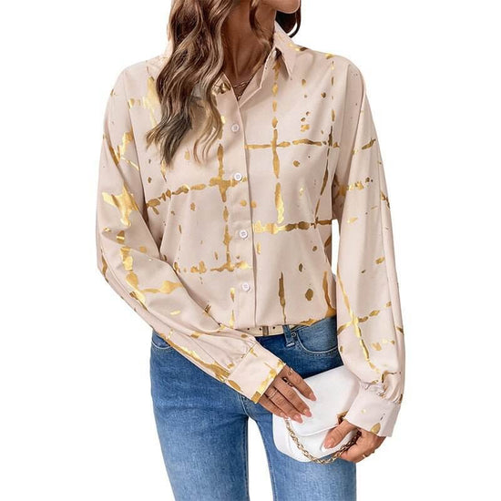 Women's Long-sleeved Lapel Geometric Pattern Bronzing Shirt $49.50 Dana Fashion Color: Khaki Size: L Women's clothing Product information: Pattern: Geometry Color: khaki Size: S,M,L,XL Version: Loose Popular elements: Bronzing Fabric name: Polyester Sleev