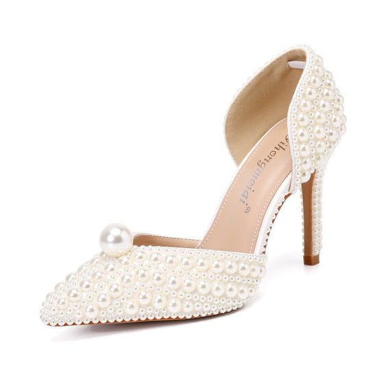 Women's Low-cut Pointed-toe Stilettos Pearl Wedding Shoes $87.38 Dana Fashion Color: Beige Size: 35 Women's shoes Product information: Lining material: imitation leather Color: white, Milky White Upper height: tall crown Heel height: mid heel (3-5CM) Heel