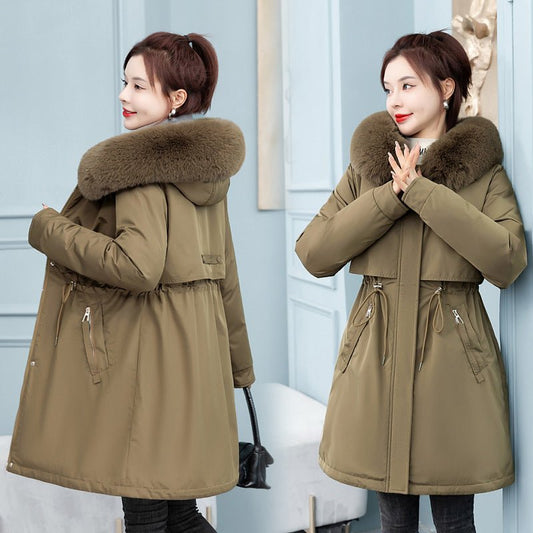 Women's Mid-length Loose Cotton Coat Fleece-lined Thickened Cinched Coat $67.90 Dana Fashion Color: Beige Size: 2XL Women's clothing Product information: Color: Milky White, black, khaki, Brown, preserved egg Green Size: M,L,XL,2XL,3XL Fabric name: Polyes