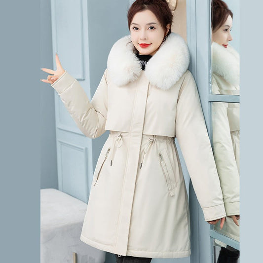 Women's Mid-length Loose Cotton Coat Fleece-lined Thickened Cinched Coat $67.90 Dana Fashion Color: Beige Size: 2XL Women's clothing Product information: Color: Milky White, black, khaki, Brown, preserved egg Green Size: M,L,XL,2XL,3XL Fabric name: Polyes