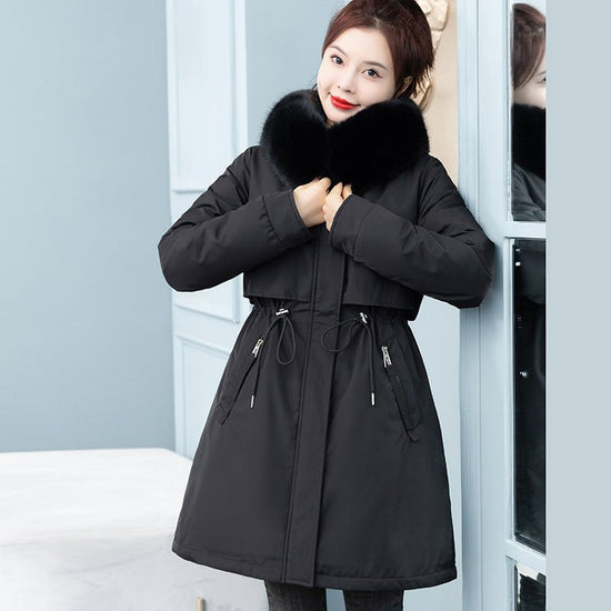 Women's Mid-length Loose Cotton Coat Fleece-lined Thickened Cinched Coat $67.90 Dana Fashion Color: Black Size: 2XL Women's clothing Product information: Color: Milky White, black, khaki, Brown, preserved egg Green Size: M,L,XL,2XL,3XL Fabric name: Polyes