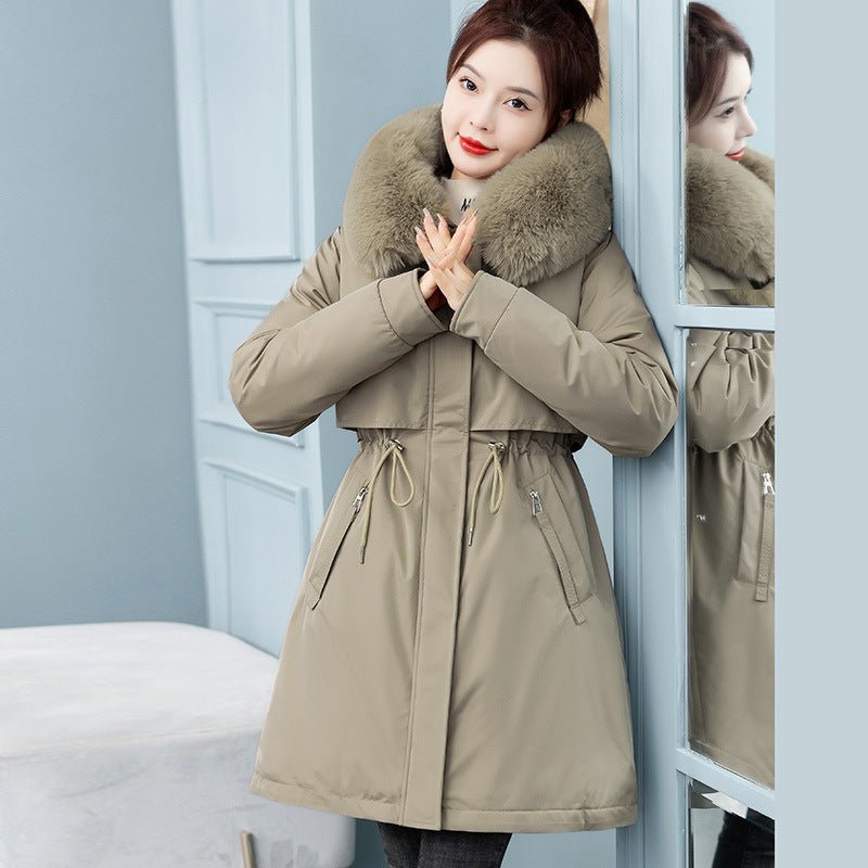 Women's Mid-length Loose Cotton Coat Fleece-lined Thickened Cinched Coat $67.90 Dana Fashion Color: Khaki Size: 2XL Women's clothing Product information: Color: Milky White, black, khaki, Brown, preserved egg Green Size: M,L,XL,2XL,3XL Fabric name: Polyes