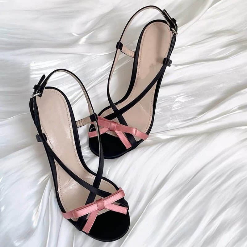 Women's Open Toe Stilettos Bow Buckle Sandals $96.90 Dana Fashion Color: Black Size: 35 Women's shoes Product information: Toe holder shape: square head Color: black, red Shoe Upper material: Satin Size: 35,36,37,38,39 Style: Sweet Packing list: Sandals *