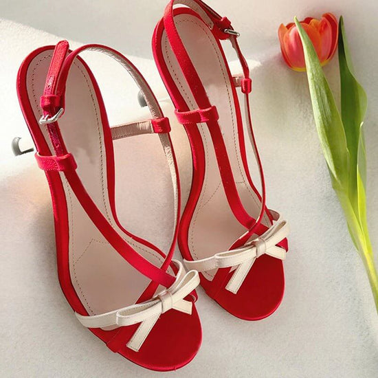 Women's Open Toe Stilettos Bow Buckle Sandals $96.90 Dana Fashion Color: Red Size: 35 Women's shoes Product information: Toe holder shape: square head Color: black, red Shoe Upper material: Satin Size: 35,36,37,38,39 Style: Sweet Packing list: Sandals *1