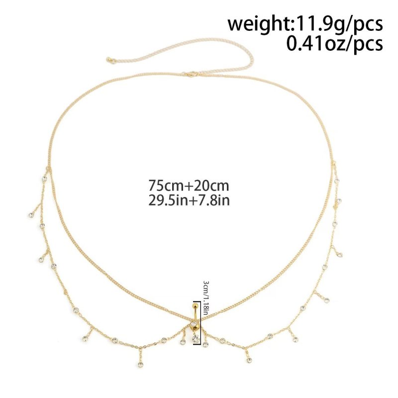 Women's Personalized Zircon Navel Stud Body Chains $14.00 Dana Fashion Color: 01 Gold Women's Accessories Product information: Color: 01 Gold, 02 White k,03 Gold, 04 White k,05 gold Size: 125cm Applicable Gender: Female Material: Metal Popular elements: T