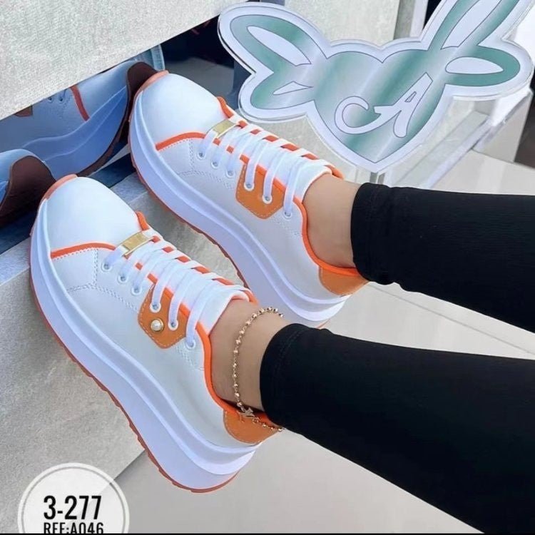 Women's Platform Shoes Lace-up White Shoes $32.02 Dana Fashion Color: Orange Size: 36 Women's shoes Product information: Pattern: color matching Lining material: cloth Color: white, black, green, orange, rose Upper height: Middle top Heel height: mid heel