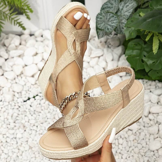 Women's Platform Wedge Sandals Casual Fashion $59.90 Dana Fashion Color: Bronze Size: 35 Women's shoes Product information: Lining material: Microfiber Toe holder shape: round head Color: khaki, royal blue, bronze Shoe Upper material: Microfiber Size: 35,