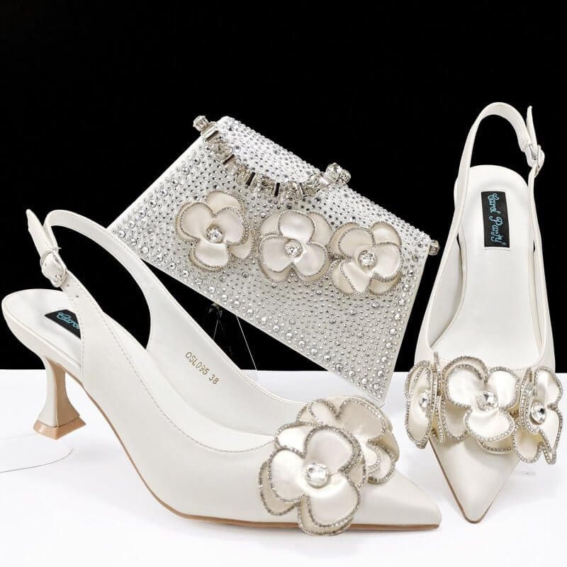 Women's Pointed Toe Shoes Bag Set Handmade Flower Decoration Simple Banquet Style $169.00 Dana Fashion Color: White Size: 38 Women's shoes Product information: Lining material: Microfiber Color: black, brown, dark green, rose, gold, pink, blue, white Heel