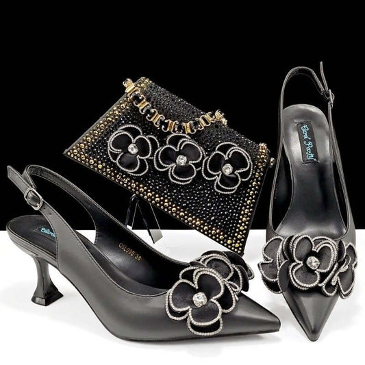 Women's Pointed Toe Shoes Bag Set Handmade Flower Decoration Simple Banquet Style $169.00 Dana Fashion Color: Black Size: 38 Women's shoes Product information: Lining material: Microfiber Color: black, brown, dark green, rose, gold, pink, blue, white Heel