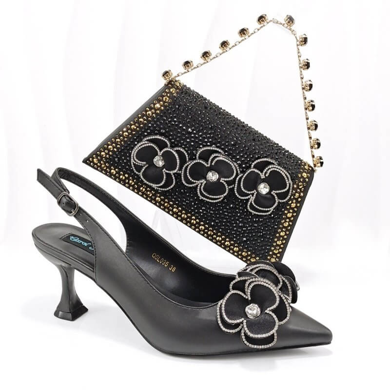 Women's Pointed Toe Shoes Bag Set Handmade Flower Decoration Simple Banquet Style $169.00 Dana Fashion Color: Black Size: 38 Women's shoes Product information: Lining material: Microfiber Color: black, brown, dark green, rose, gold, pink, blue, white Heel
