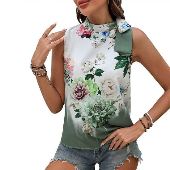 Women's Printed Sleeveless Halter Lace-up Shirt $35.00 Dana Fashion Color: Green Size: L Women's clothing Product information: Fabric name: S9177_green_XL Color: green Main fabric composition: four sides elastic Size: S,M,L,XL Sleeve length: sleeveless Po