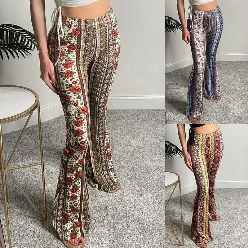 Women's Printed Slightly Flared Leggings $65.90 Dana Fashion Color: Blue size: L Women's clothing Product information: Color: yellow, blue, picture color Pants length: trousers Waist type: high waist Size: S,M,L,XL Main fabric composition: Polyester Fiber