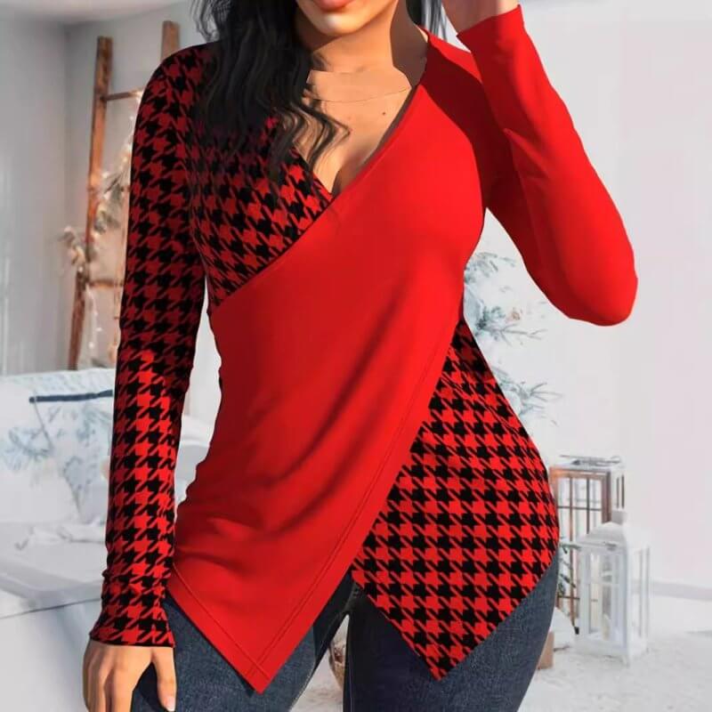 Women's Printed V-neck Stitching Long Sleeve T-shirt Top $29.50 Dana Fashion Color: Red Size: L Women's clothing Product information: Pattern: geometric pattern Color: black, red, blue Main fabric composition: Polyester (polyester fiber) Size: S,M,L,XL,XX