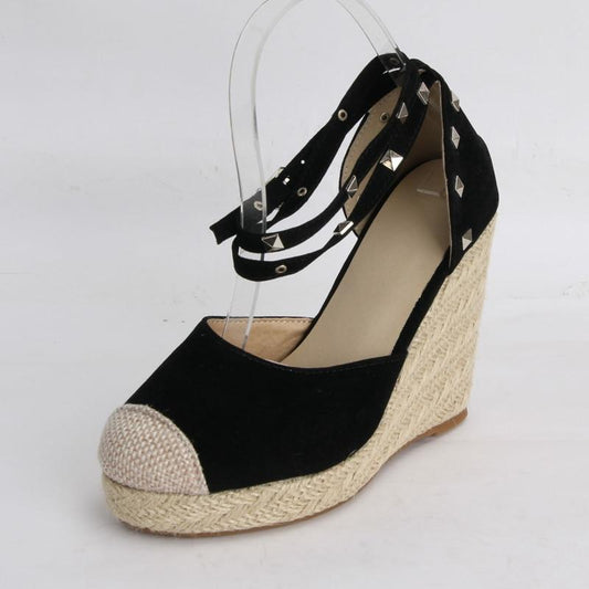 Womens Pumps Shoes Espadrilles Wedges Platform Ankle Buckle Rivet $50.00 Dana Fashion Color: Black Size: 34 Women's shoes Product information： Popular elements ： Rivet, light mouth, slope heel, color matching, metal, waterproof platform function ： Heighte