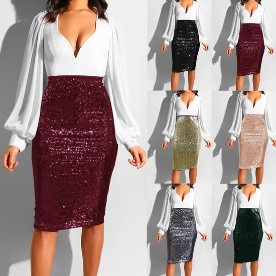 Women's Pure Color Sequins Fashion High Waist Slim Fit Hip Raise Casual Skirt $45.50 Dana Fashion Color: Black Size: L Women's clothing Product information: Skirt-type: One-Step skirt Color: black, gold, green, khaki, gray, wine red Main fabric compositio