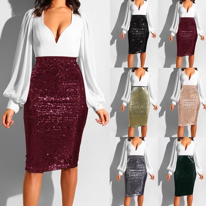 Women's Pure Color Sequins Fashion High Waist Slim Fit Hip Raise Casual Skirt $45.50 Dana Fashion Color: Black Size: L Women's clothing Product information: Skirt-type: One-Step skirt Color: black, gold, green, khaki, gray, wine red Main fabric compositio