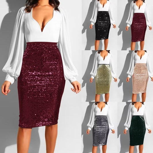 Women's Pure Color Sequins Fashion High Waist Slim Fit Hip Raise Casual Skirt $45.50 Dana Fashion Color: Black Size: L Women's clothing Product information: Skirt-type: One-Step skirt Color: black, gold, green, khaki, gray, wine red Main fabric compositio