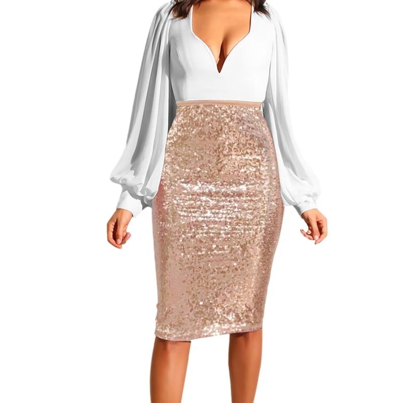 Women's Pure Color Sequins Fashion High Waist Slim Fit Hip Raise Casual Skirt $45.50 Dana Fashion Color: Khaki Size: L Women's clothing Product information: Skirt-type: One-Step skirt Color: black, gold, green, khaki, gray, wine red Main fabric compositio