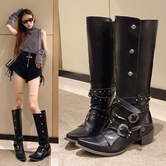 Women's Retro Rivet Tall Knight Boots $49.99 Dana Fashion Color: Black Single Liner Size: 35 Women's shoes ข้อมูลผลิตภัณฑ์: ลวดลาย: สีพื้น วัสดุซับใน: หนังเทียม สี: ซับในชั้นเดียวสีดำ ความสูงส้น: ส้นกลาง (3-5 ซม.) ความยาวของถุงเท้า: ทรงกระบอกสูง รูปร่างส้