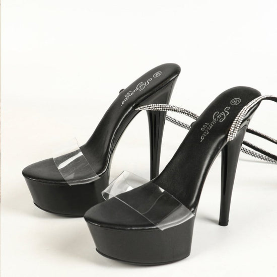 Women's Rhinestones Lace-up High-heeled Sandals $64.92 Dana Fashion Color: Black Size: 34 Women's shoes Product information: Scaffold shape: round head Color: black, red, silver Shoe Upper material: PVC Size: 34.38, 42.37, 41.43, 39.35, 40.36 Style: Simpl