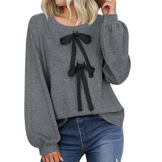 Women's Round Neck Front Lace-up Bow T Pullover Split Long Sleeve Shirt $39.00 Dana Fashion Color: Gray Size: L Women's clothing Product information: Pattern: solid color Color: green, pink, yellow, gray Size: S,M,L,XL Version: Loose Style type: temperame