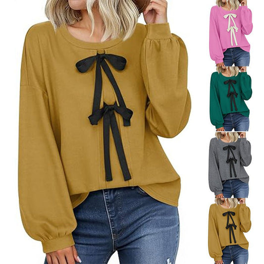 Women's Round Neck Front Lace-up Bow T Pullover Split Long Sleeve Shirt $39.00 Dana Fashion Color: Gray Size: L Women's clothing Product information: Pattern: solid color Color: green, pink, yellow, gray Size: S,M,L,XL Version: Loose Style type: temperame
