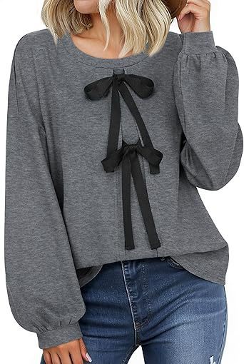 Women's Round Neck Front Lace-up Bow T Pullover Split Long Sleeve Shirt $39.00 Dana Fashion Color: Gray Size: L Women's clothing Product information: Pattern: solid color Color: green, pink, yellow, gray Size: S,M,L,XL Version: Loose Style type: temperame